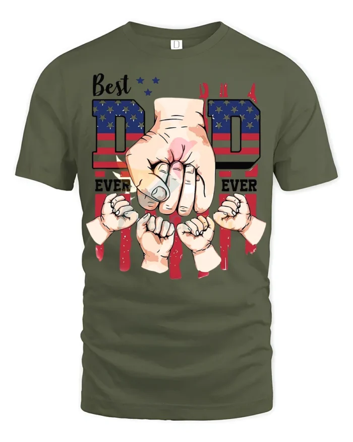 Father’s Day T-Shirt Best Dad Ever Fist Bump Tee with American Flag Design - military green t-shirt on white background