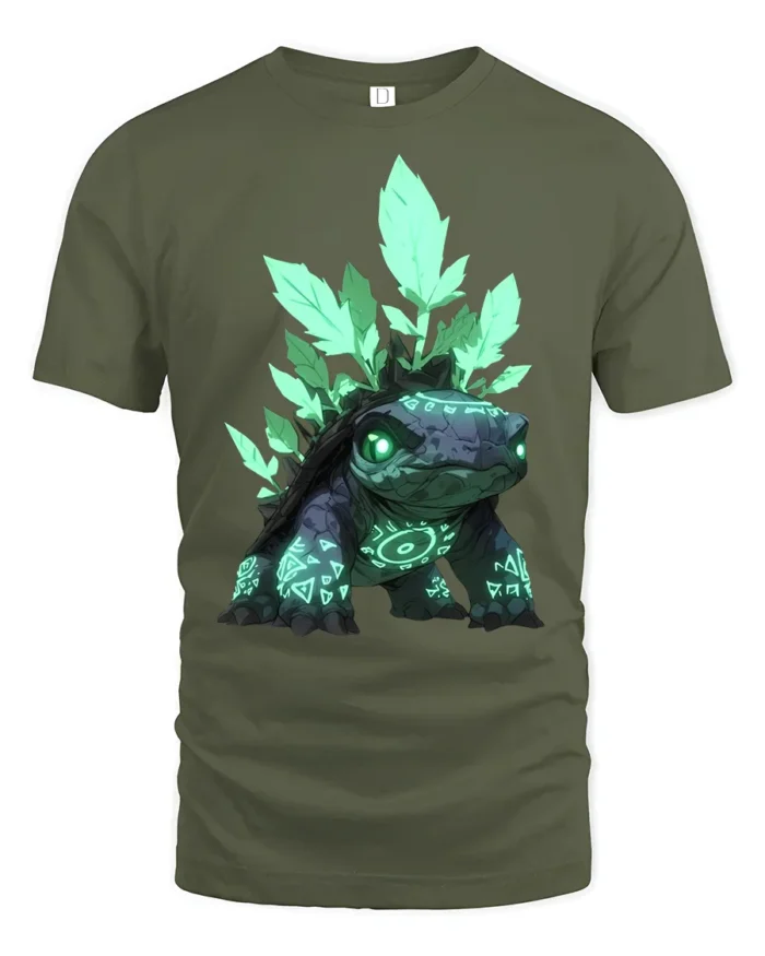 Spirit Turtle T-Shirt Magical Forest Creature Tee with Neon Green Design - military green t-shirt on white background
