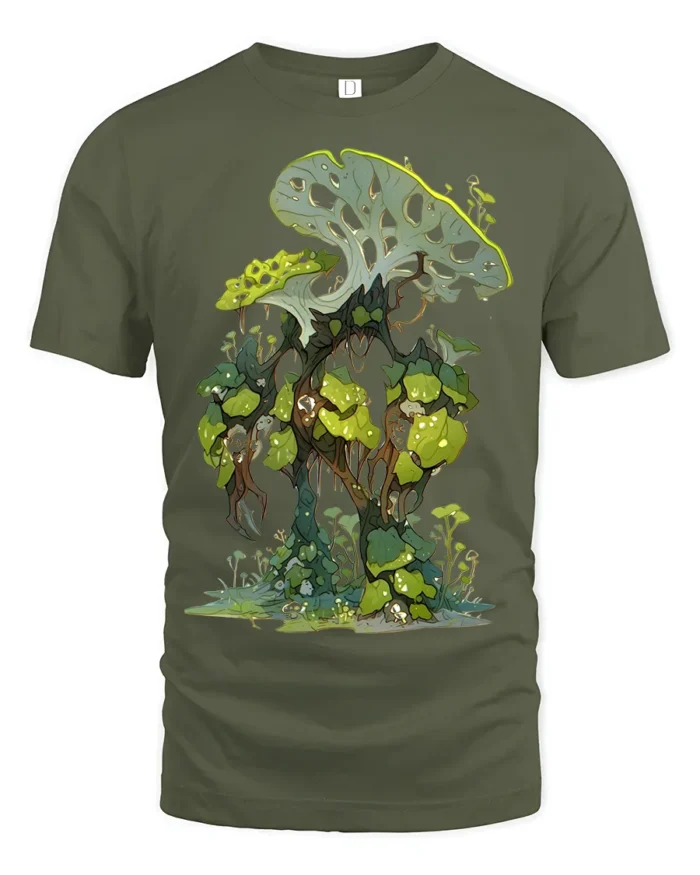 Enchanted Jungle T-Shirt Fantasy Plant Graphic Tee for Nature Lovers - military green t-shirt on white background