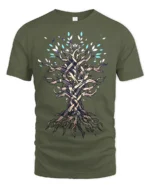 Mystic Tree of Life T-Shirt Intricate Nature Art Tee for Dreamers - military green t-shirt on white background