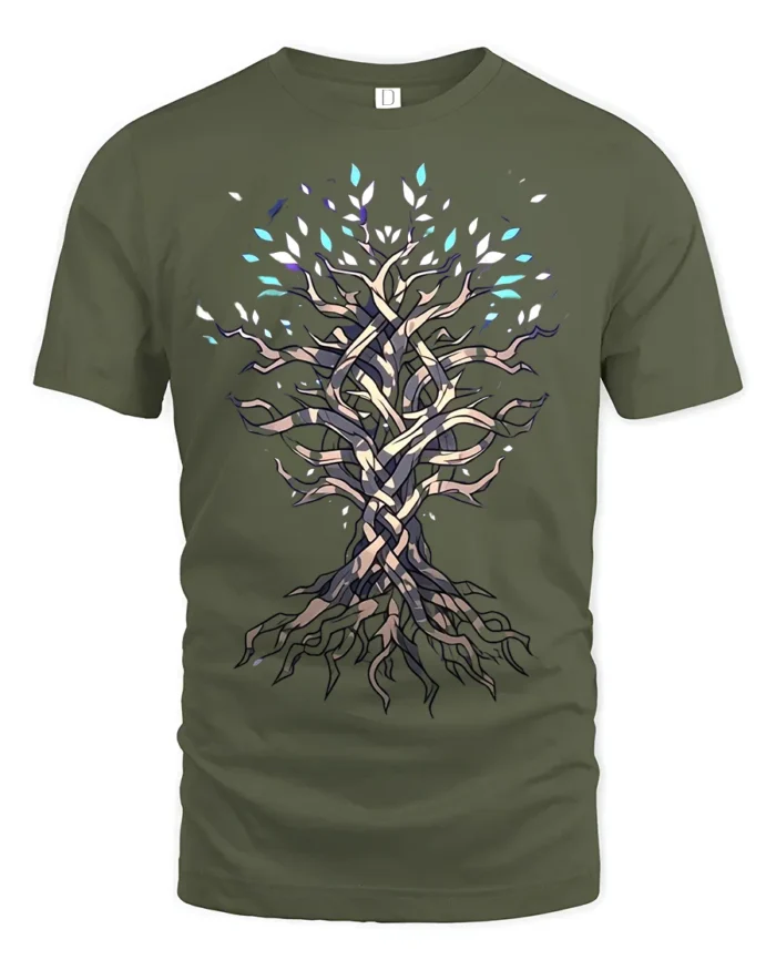 Mystic Tree of Life T-Shirt Intricate Nature Art Tee for Dreamers - military green t-shirt on white background