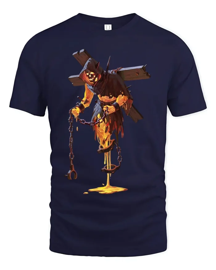 Flaming Demon T-Shirt Gothic Horror Lava Skull Tee for Halloween and Gamers - navy t-shirt on white background