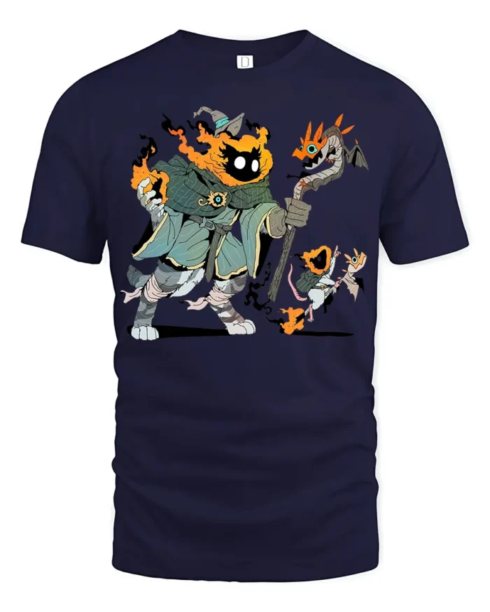 Flame Wizard T-Shirt Funny Fantasy Mage Graphic Tee for Gamers and Nerds - navy t-shirt on white background