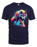 Psychedelic Wolf T-Shirt Vibrant Color Splash Tee for Animal and Art Lovers - navy t-shirt on white background