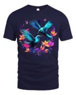 Tropical Hummingbird T-Shirt Vibrant Floral Bird Tee for Nature Lovers - navy t-shirt on white background