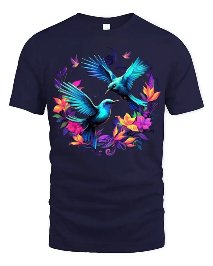 Tropical Hummingbird T-Shirt Vibrant Floral Bird Tee for Nature Lovers - navy t-shirt on white background