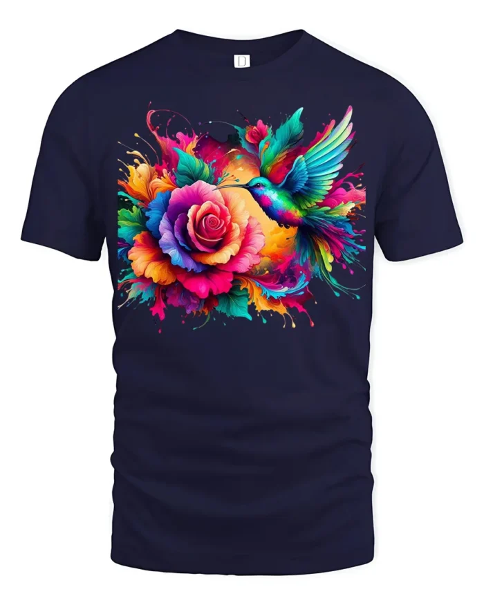 Rainbow Hummingbird and Rose T-Shirt Soft Cotton Nature-Inspired Graphic Tee - navy t-shirt on white background