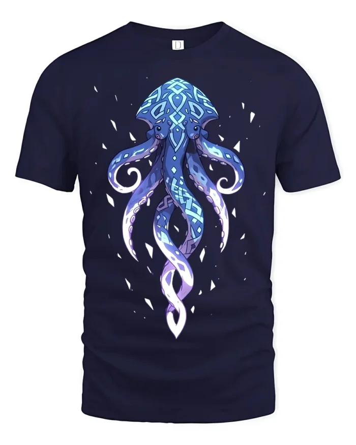 Mystic Blue Octopus T-Shirt Ocean Vibe Graphic Tee for Sea Lovers - navy t-shirt on white background
