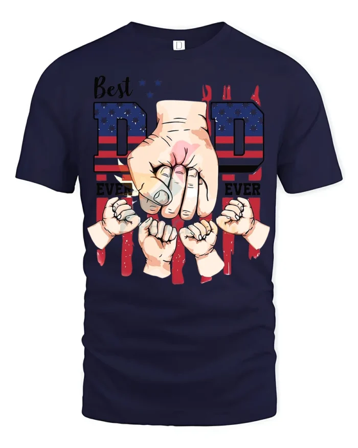 Father’s Day T-Shirt Best Dad Ever Fist Bump Tee with American Flag Design - navy t-shirt on white background