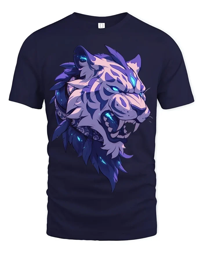Blue Flame Tiger T-Shirt Bold Roaring Beast Graphic Tee for Adults - navy t-shirt on white background