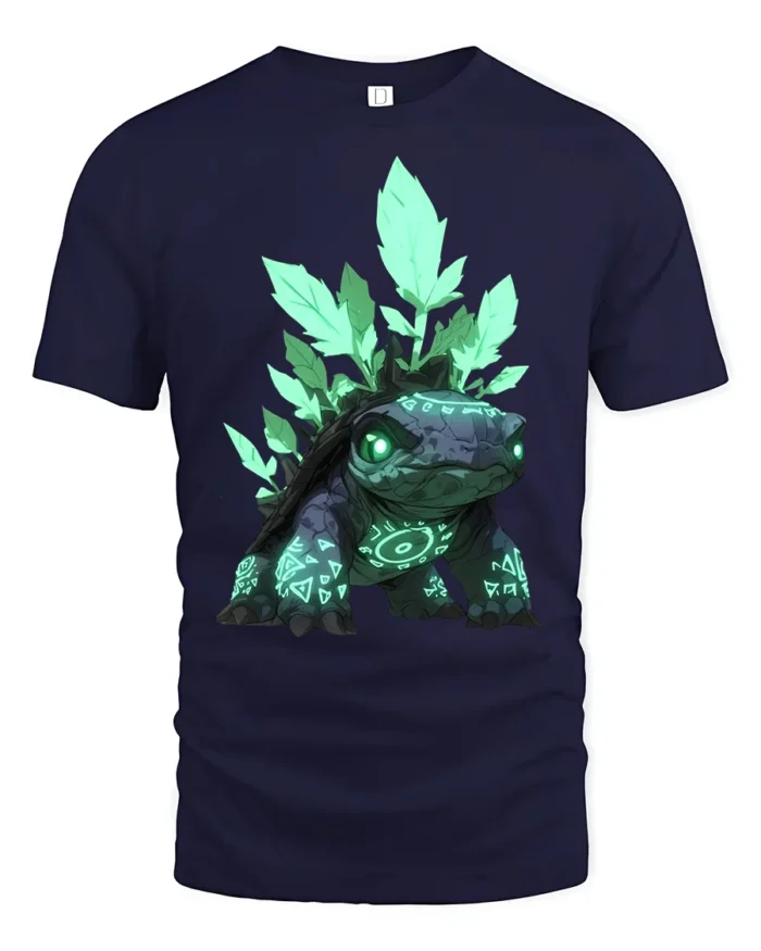 Spirit Turtle T-Shirt Magical Forest Creature Tee with Neon Green Design - navy t-shirt on white background