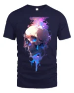 Neon Skull Flame T-Shirt Colorful Gothic Streetwear Graphic Tee - navy t-shirt on white background