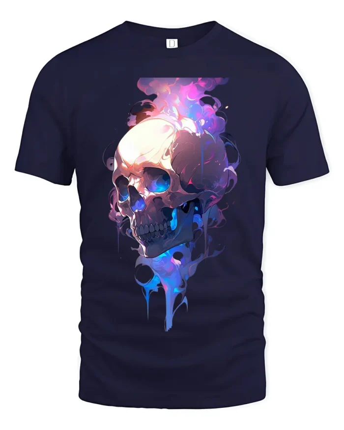 Neon Skull Flame T-Shirt Colorful Gothic Streetwear Graphic Tee - navy t-shirt on white background
