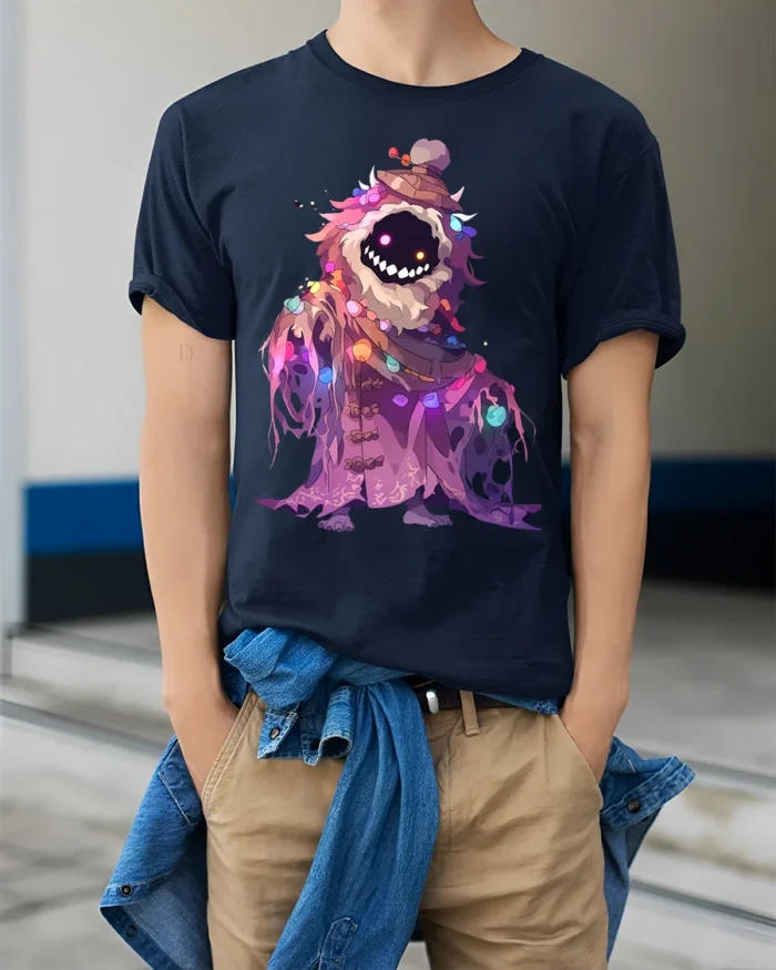 Mystic Monster Glow T-Shirt Funny Cute Scary Creature Tee for Halloween and Xmas - model wearing navy shirt, hands in pockets