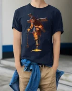 Flaming Demon T-Shirt Gothic Horror Lava Skull Tee for Halloween and Gamers - model wearing navy shirt, hands in pockets