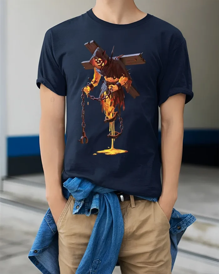 Flaming Demon T-Shirt Gothic Horror Lava Skull Tee for Halloween and Gamers - model wearing navy shirt, hands in pockets
