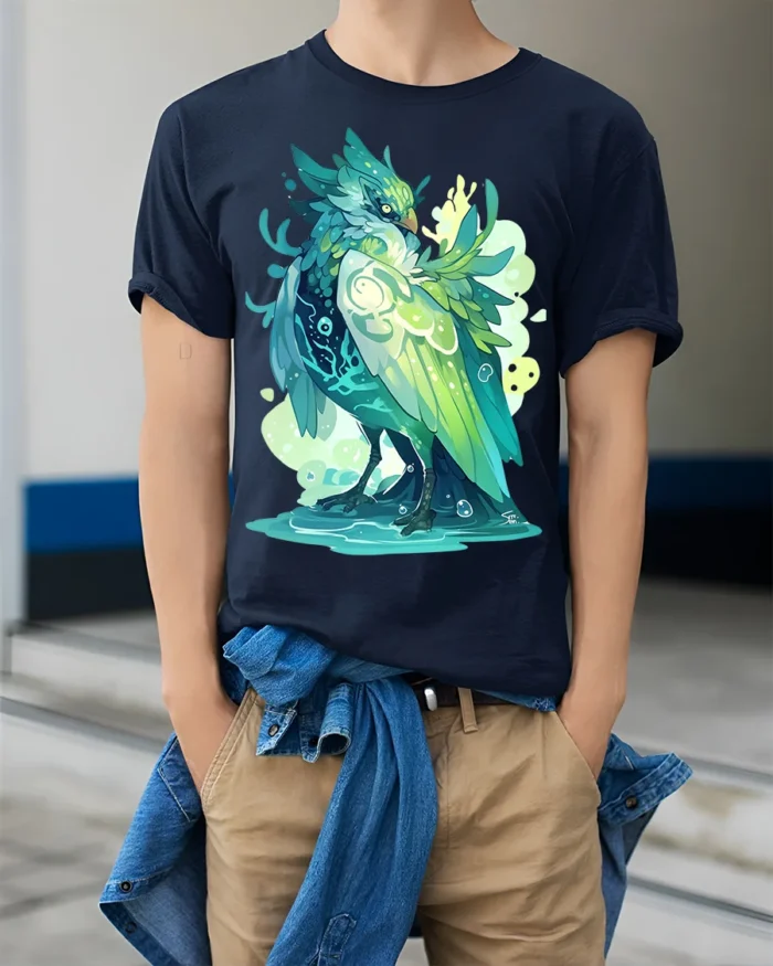 Aqua Spirit Bird T-Shirt Vibrant Fantasy Animal Tee for Gamers and Dreamers - model wearing navy shirt, hands in pockets