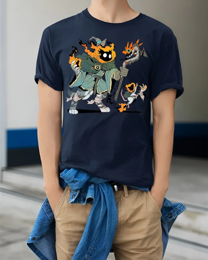Flame Wizard T-Shirt Funny Fantasy Mage Graphic Tee for Gamers and Nerds - model wearing navy shirt, hands in pockets