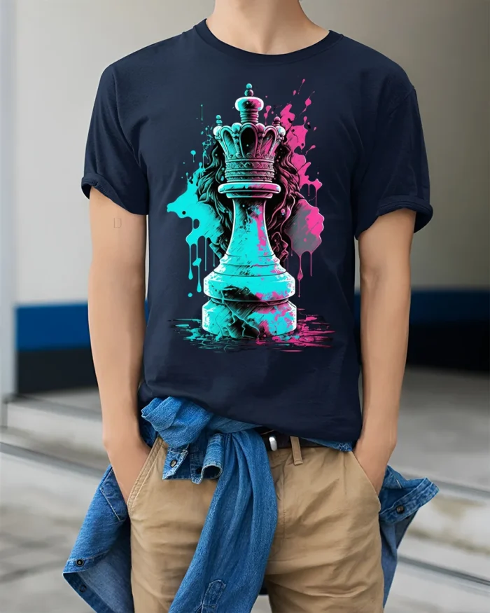 Queen Chess Piece T-Shirt Street Style Graphic Tee for Strategy Game Lovers - model wearing navy shirt, hands in pockets