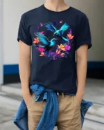 Tropical Hummingbird T-Shirt Vibrant Floral Bird Tee for Nature Lovers - model wearing navy shirt, hands in pockets