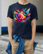 Rainbow Hummingbird and Rose T-Shirt Soft Cotton Nature-Inspired Graphic Tee - model wearing navy shirt, hands in pockets