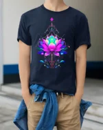 Vibrant Lotus Flower Yoga Zen Spiritual Floral Mandala Tee for Peaceful Souls - model wearing navy shirt, hands in pockets