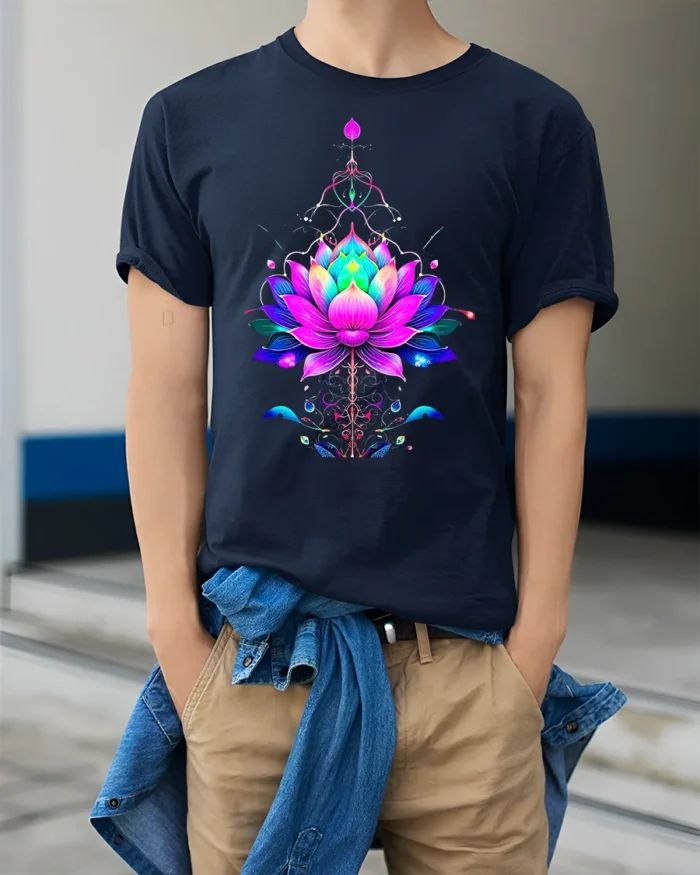 Vibrant Lotus Flower Yoga Zen Spiritual Floral Mandala Tee for Peaceful Souls - model wearing navy shirt, hands in pockets