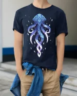 Mystic Blue Octopus T-Shirt Ocean Vibe Graphic Tee for Sea Lovers - model wearing navy shirt, hands in pockets