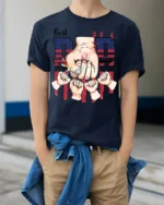 Father’s Day T-Shirt Best Dad Ever Fist Bump Tee with American Flag Design - model wearing navy shirt, hands in pockets