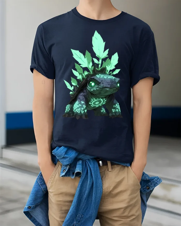 Spirit Turtle T-Shirt Magical Forest Creature Tee with Neon Green Design - model wearing navy shirt, hands in pockets