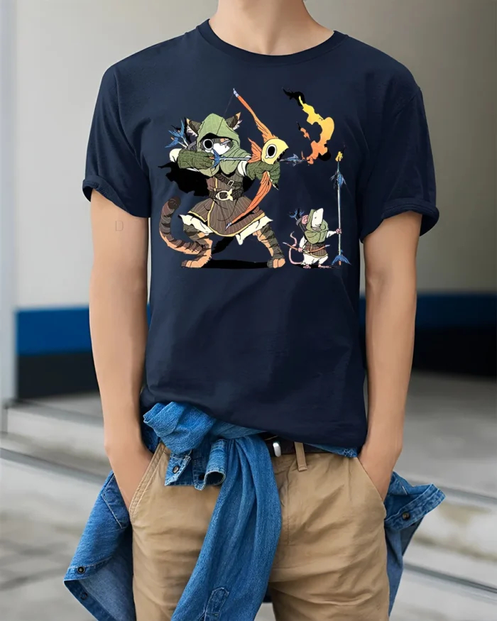 Fantasy Archer Cat and Warrior Mouse RPG Gamer Animal Tee - model wearing navy shirt, hands in pockets