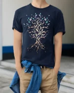 Mystic Tree of Life T-Shirt Intricate Nature Art Tee for Dreamers - model wearing navy shirt, hands in pockets