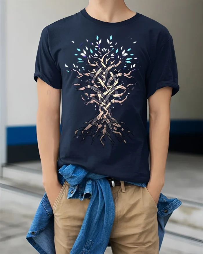 Mystic Tree of Life T-Shirt Intricate Nature Art Tee for Dreamers - model wearing navy shirt, hands in pockets