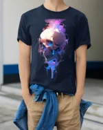 Neon Skull Flame T-Shirt Colorful Gothic Streetwear Graphic Tee - model wearing navy shirt, hands in pockets