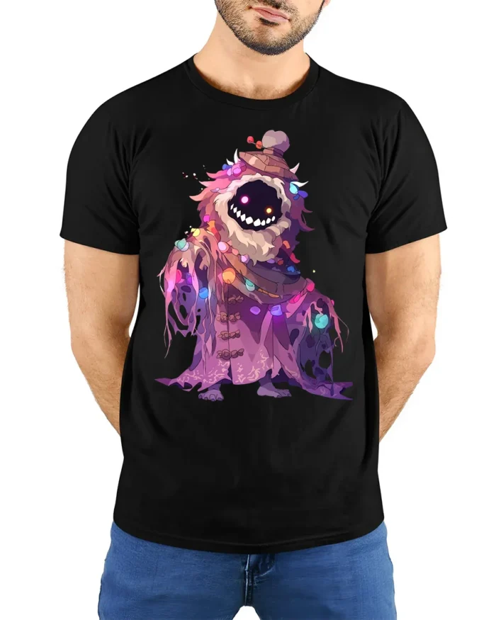 Mystic Monster Glow T-Shirt Funny Cute Scary Creature Tee for Halloween and Xmas - model wearing black shirt, hands behind back