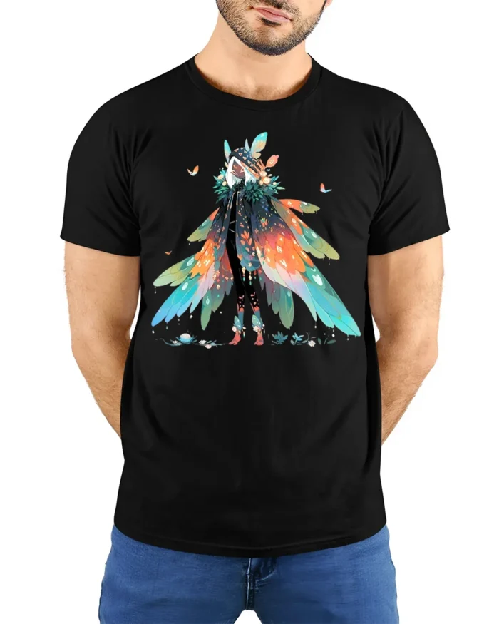 Whimsical Feathered Mage T-Shirt Fantasy Anime Streetwear Tee - model wearing black shirt, hands behind back