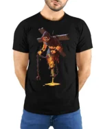 Flaming Demon T-Shirt Gothic Horror Lava Skull Tee for Halloween and Gamers - model wearing black shirt, hands behind back