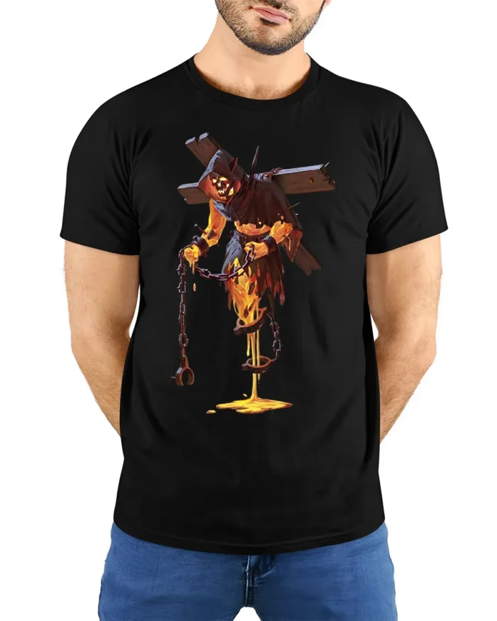 Flaming Demon T-Shirt Gothic Horror Lava Skull Tee for Halloween and Gamers - model wearing black shirt, hands behind back