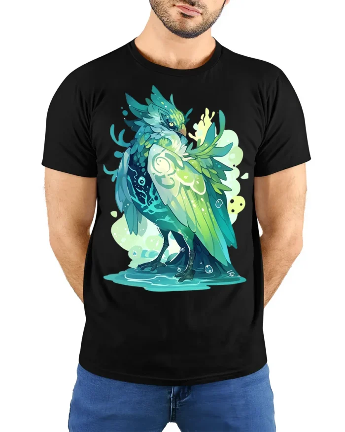Aqua Spirit Bird T-Shirt Vibrant Fantasy Animal Tee for Gamers and Dreamers - model wearing black shirt, hands behind back