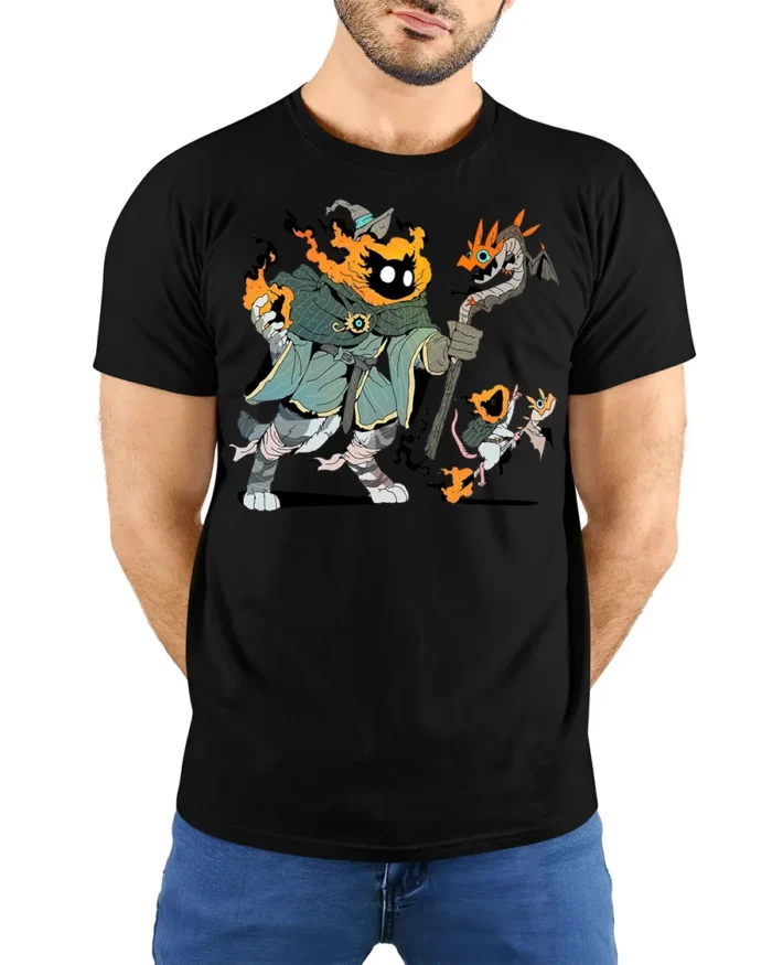 Flame Wizard T-Shirt Funny Fantasy Mage Graphic Tee for Gamers and Nerds - model wearing black shirt, hands behind back