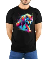 Psychedelic Wolf T-Shirt Vibrant Color Splash Tee for Animal and Art Lovers - model wearing black shirt, hands behind back