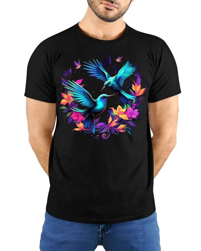 Tropical Hummingbird T-Shirt Vibrant Floral Bird Tee for Nature Lovers - model wearing black shirt, hands behind back