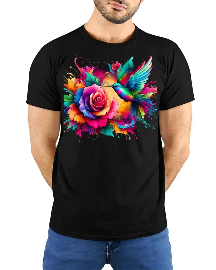 Rainbow Hummingbird and Rose T-Shirt Soft Cotton Nature-Inspired Graphic Tee - model wearing black shirt, hands behind back