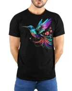 Vibrant Rainbow Hummingbird T-Shirt  Artistic Floral Bird Tee for Nature Fans - model wearing black shirt, hands behind back
