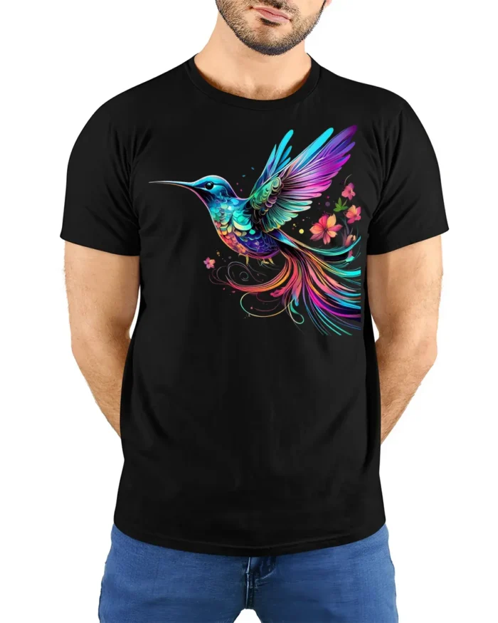 Vibrant Rainbow Hummingbird T-Shirt  Artistic Floral Bird Tee for Nature Fans - model wearing black shirt, hands behind back