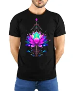 Vibrant Lotus Flower Yoga Zen Spiritual Floral Mandala Tee for Peaceful Souls - model wearing black shirt, hands behind back
