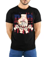 Father’s Day T-Shirt Best Dad Ever Fist Bump Tee with American Flag Design - model wearing black shirt, hands behind back