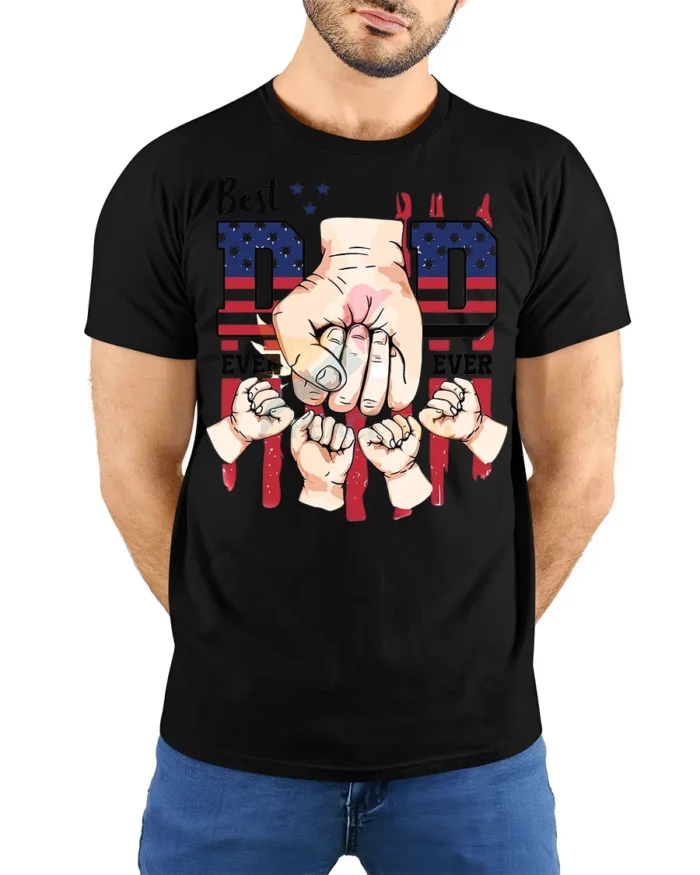 Father’s Day T-Shirt Best Dad Ever Fist Bump Tee with American Flag Design - model wearing black shirt, hands behind back