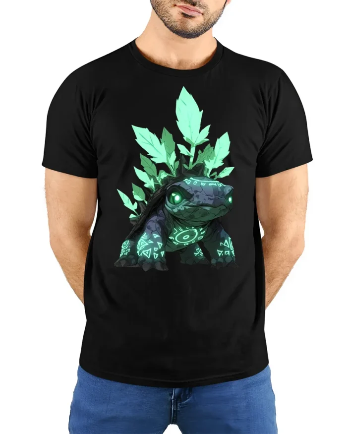 Spirit Turtle T-Shirt Magical Forest Creature Tee with Neon Green Design - model wearing black shirt, hands behind back