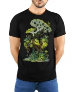 Enchanted Jungle T-Shirt Fantasy Plant Graphic Tee for Nature Lovers - model wearing black shirt, hands behind back